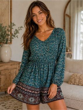Boho V-Neck Long Sleeve Floral romper  in Teal
